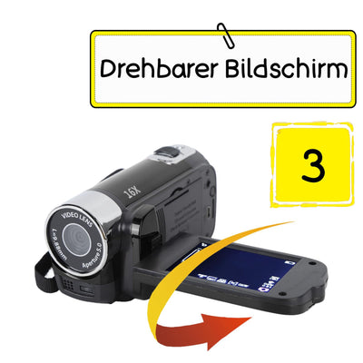 Kids Videokamera-Camcorder, 16x 1080P 30fps Vlogging Kamerarecorder mit Drehbarem 2,7-Zoll-TFT-Bildschirm, Class10 U3-Chip, Fülllicht, Eingebautem Lautsprecher, Support 32GB Expandable(Schwarz)
