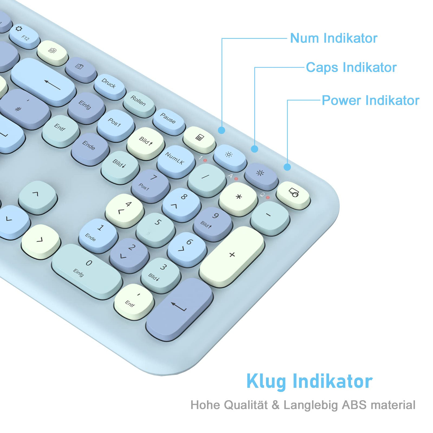 PINKCAT Tastatur Maus Set kabellos farbig, 2.4G Bunte Funktastatur mit Maus Retro Tastatur Cute Wireless Keyboard Silent Mouse für Computer/Desktop/PC/Laptop Geschenke - Blau