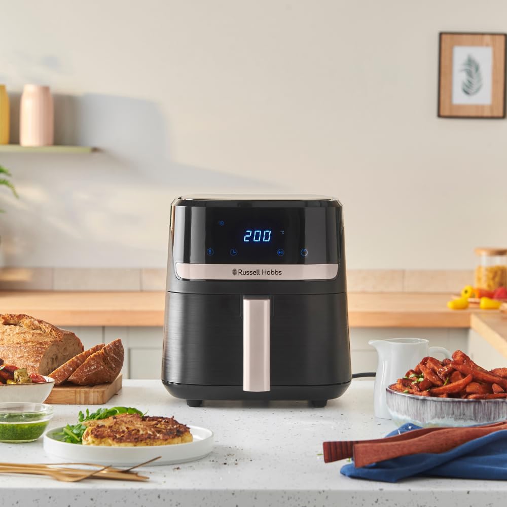 Russell Hobbs Heißluftfritteuse L 4,3L Rapid AirFryer [sehr kleines Gehäuse, sehr leise, 9 Programme] SatisFry (spülmaschinenfest, Fritteuse ohne Öl, TouchScreen, Grillen, Backen, Braten etc) 27610-56
