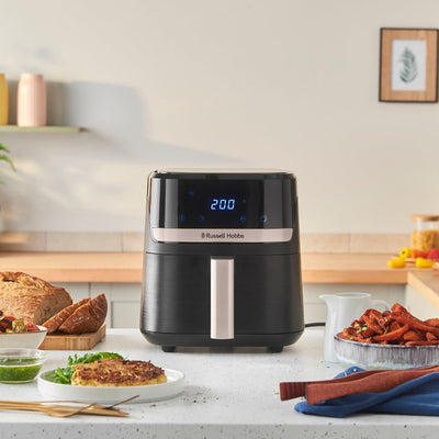 Russell Hobbs Heißluftfritteuse L 4,3L Rapid AirFryer [sehr kleines Gehäuse, sehr leise, 9 Programme] SatisFry (spülmaschinenfest, Fritteuse ohne Öl, TouchScreen, Grillen, Backen, Braten etc) 27610-56