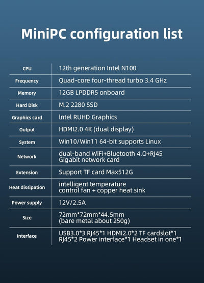 WayPonDEV BY51 Intel Alder Lake N100 Mini-Computer, Windows 11 Pro Mini-PC, LPDDR5 RAM, unterstützt Dual 4K Display, WiFi5/BT4.2, GbE für Büro-Heimkino-Gaming (12GB RAM +256G SSD)