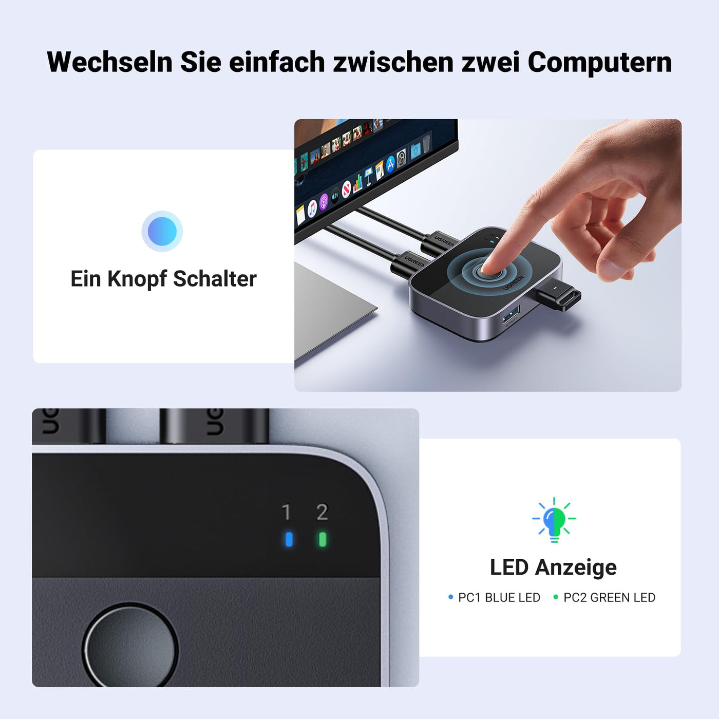 UGREEN USB Switch 2PC USB Switch 3.0 2 In 2 Out USB Umschalter mit 2 USB 3.0 A auf A Kabel für Tastatur, Maus, Drucker, Festplatten, USB-Kameras usw.