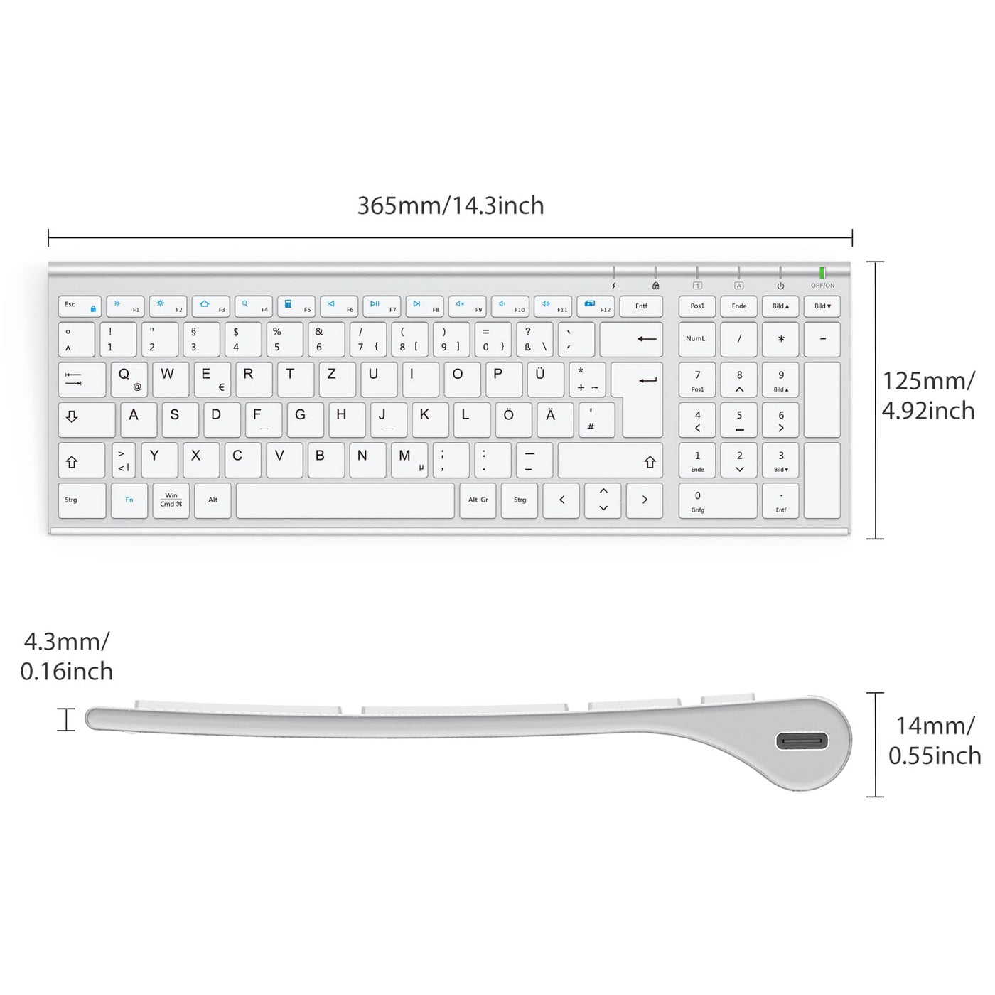 iClever Kabellos Tastatur Maus Set, Wiederaufladbare Kabellose Tastatur und Maus, QWERTZ Layout (Deutsch), Ultra Thin für Computer/Desktop/PC/Laptop/Windows 10/8/7, Weiß und Silber