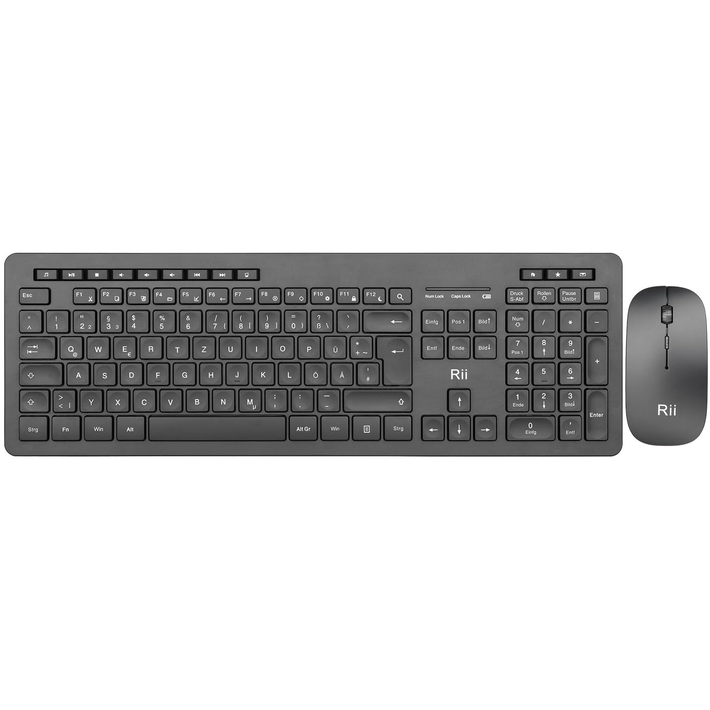 Rii Leise Tastatur Maus Set kabellos, Funktastatur mit Maus, Wireless Keyboard and Mouse, Für PC/Laptop/Windows/Smart TV, Deutsches Layout - schwarz