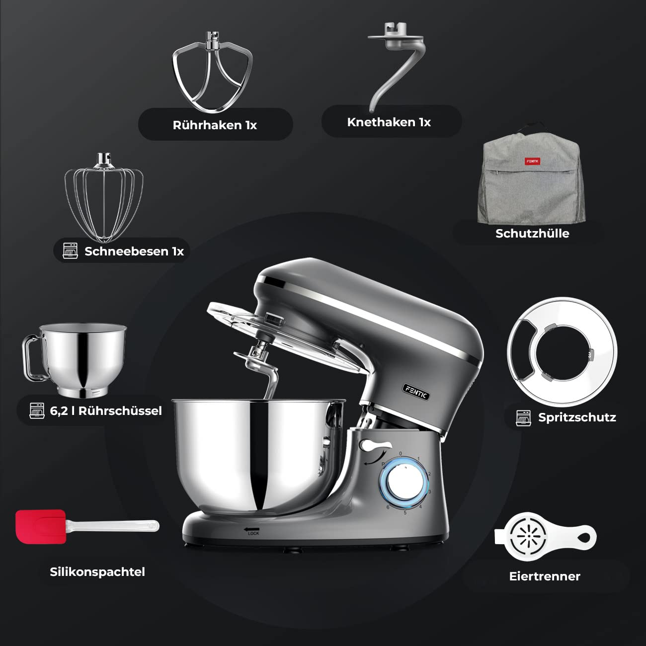 Fentic Küchenmaschine - 2000W - Edelstahl Rührschüssel (6,2 L) - Knetmaschine mit Rührhaken, Knethaken, Schlagbesen und Spritzschutz - Inkl. Schutzhülle und zusätzlichem Zubehör - Anthrazit