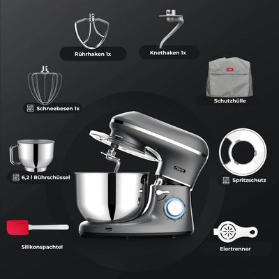 Fentic Küchenmaschine - 2000W - Edelstahl Rührschüssel (6,2 L) - Knetmaschine mit Rührhaken, Knethaken, Schlagbesen und Spritzschutz - Inkl. Schutzhülle und zusätzlichem Zubehör - Anthrazit