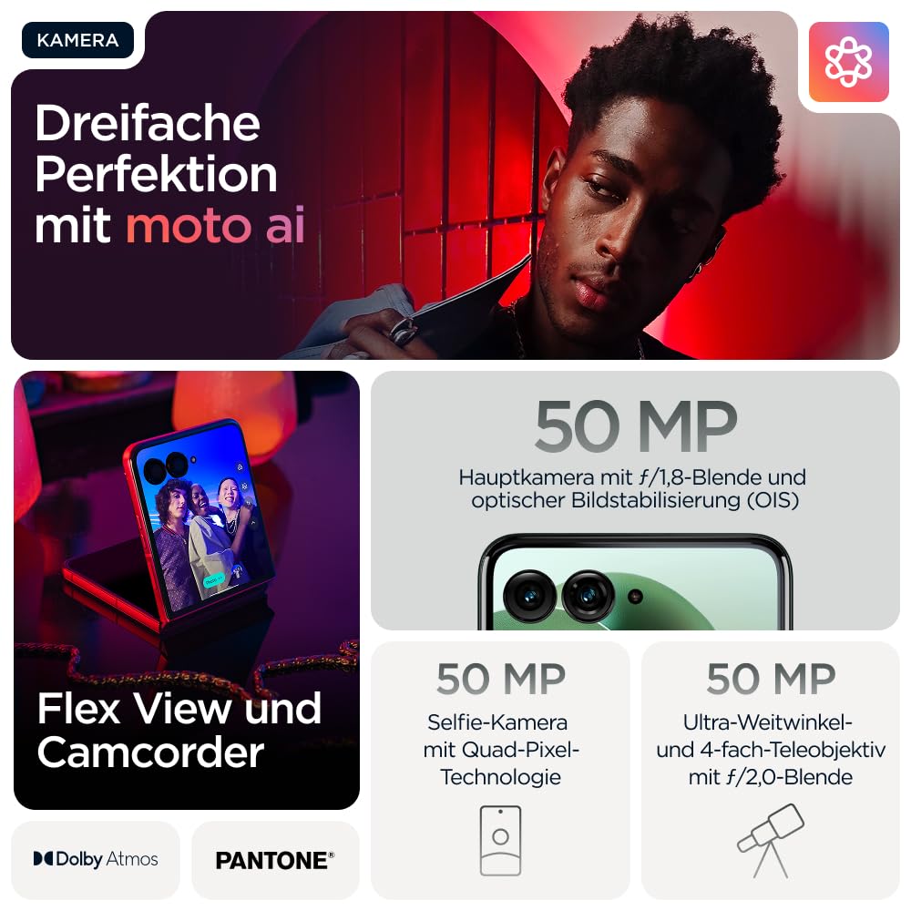 Motorola razr 60 Ultra Flip-Phone (6,96"-pOLED-Display/Robustes 4,0"-Außendisplay Dank Gorilla Glass Ceramic, widerstandsfähig, wassergeschützt, 50-MP-Kamera mit Moto-AI, 16/512 GB) Pantone Scarab