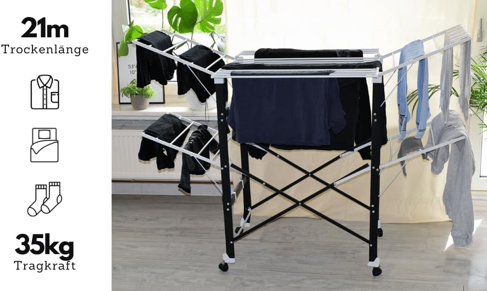 Loving Home® Faltbarer Wäscheständer, Standtrockner, Wäschetrockner Turm 175 x 83 x 112 cm mit Rollen, belastbar bis 35 kg, Trockenlänge 21 m