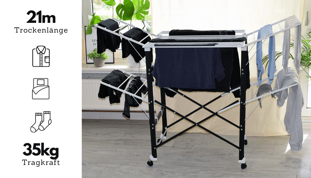 Loving Home® Faltbarer Wäscheständer, Standtrockner, Wäschetrockner Turm 175 x 83 x 112 cm mit Rollen, belastbar bis 35 kg, Trockenlänge 21 m