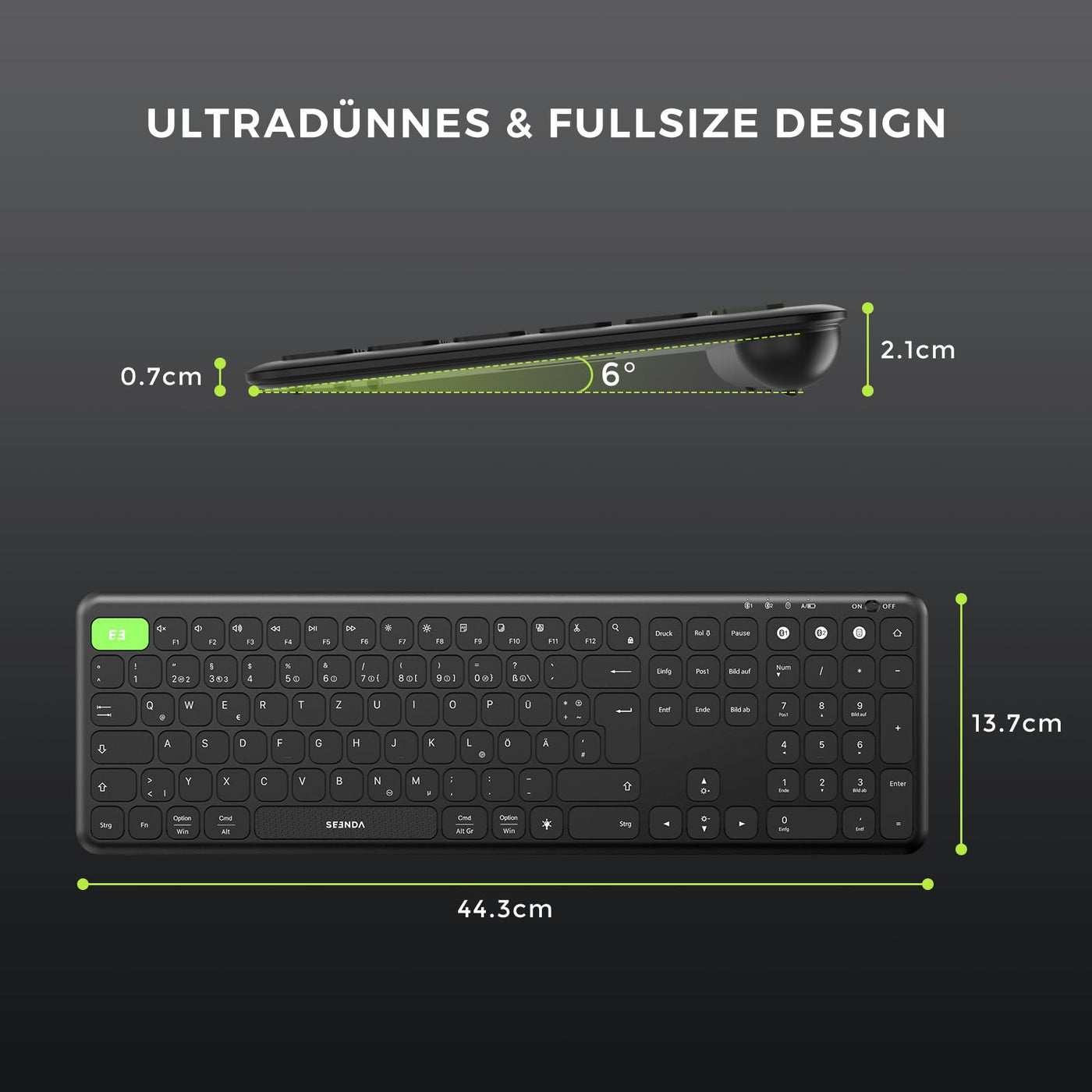 seenda Tastatur kabellos beleuchtet, USB & Bluetooth Tastatur mit 7 Farben Hintergrundbeleuchtung, Wiederaufladbare Leise Funktastatur für PC, Laptop, MacBook,Tablet, QWERTZ Layout(Schwarz)