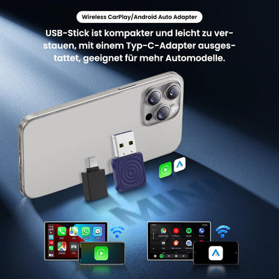 Carlinkit 2025 Wireless CarPlay & Android Auto Adapter, Upgrade Wired Connection to Wireless, Plug & Play mit USB-A/Type-C, funktioniert mit iPhone iOS 10+ & Android 11.0+