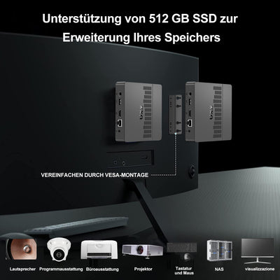 UXX Mini PC Unterstützung 512GB M.2 SSD Erweiterung, N3350 Micro Desktop Computer 64GB eMMC, Gaming PC 4K UHD Dual Display, BT, 2.4/5G WiFi, USB 3.0, HDMI für Büro/Home (Grau)