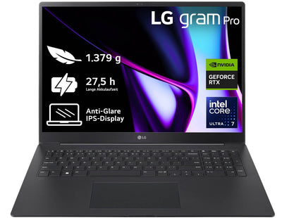 LG 2024 gram Pro 17 Zoll Notebook - 1379g Intel Core Ultra7, NVIDIA RTX3050 Laptop (32GB RAM, 2TB Dual SSD, 27h Akkulaufzeit, IPS Panel Anti-Glare Display, Win 11 Pro) - Schwarz