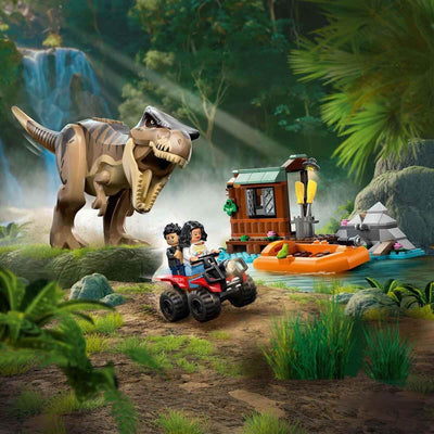 LEGO Jurassic World Flucht vor dem T.Rex – Interaktives Spielzeug mit Dinosaurier-Figur, Boot, ATV und 2 Minifiguren – Geschenk für Jungen und Mädchen ab 5 Jahren – 76975