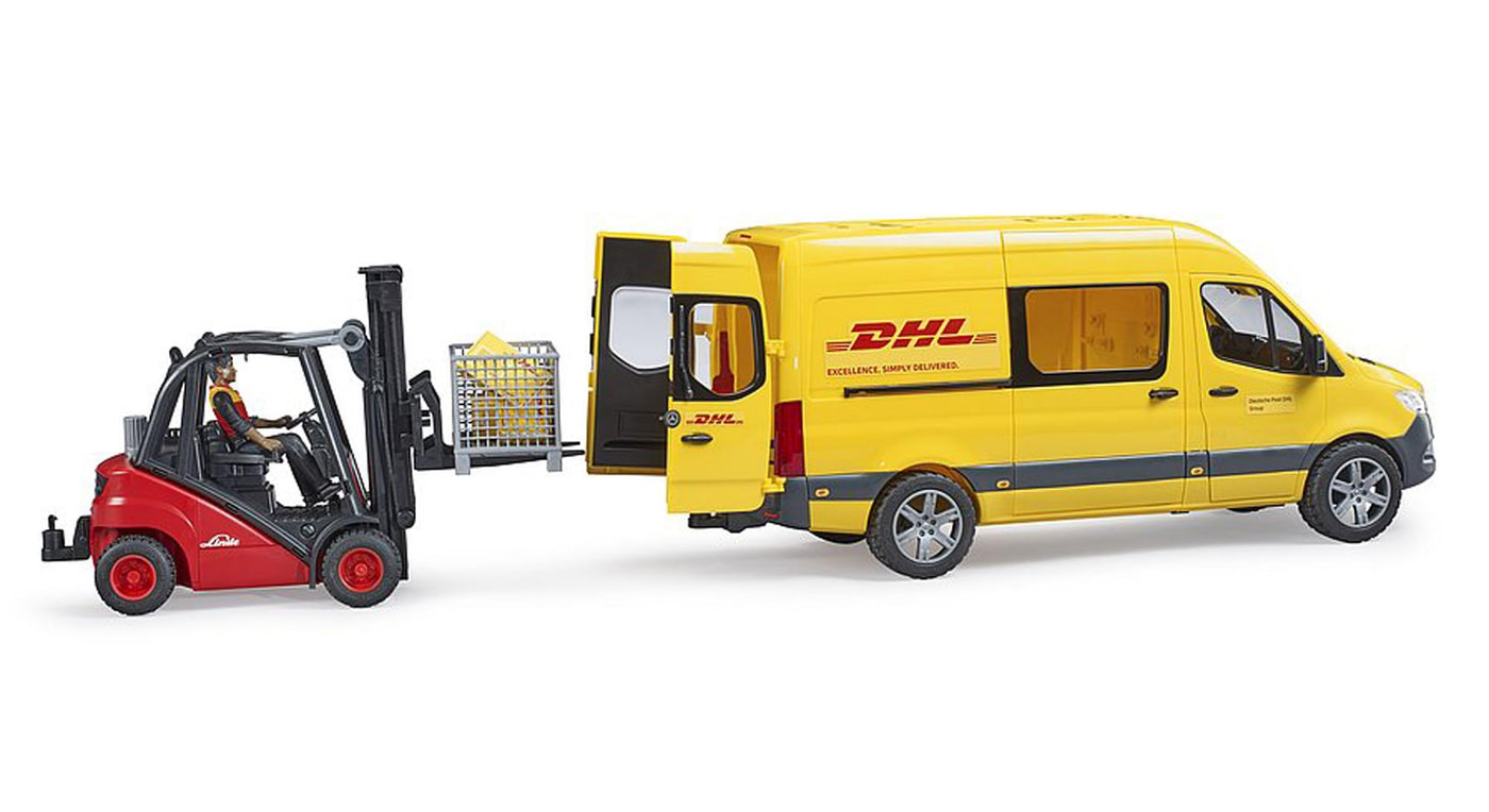 bruder 02671 - MB Sprinter DHL mit Fahrer inkl. Gitterbox mit Versandpaketen - 1:16 Versand & Logistik Fahrzeug Transporter Paket-Dienst Lieferwagen