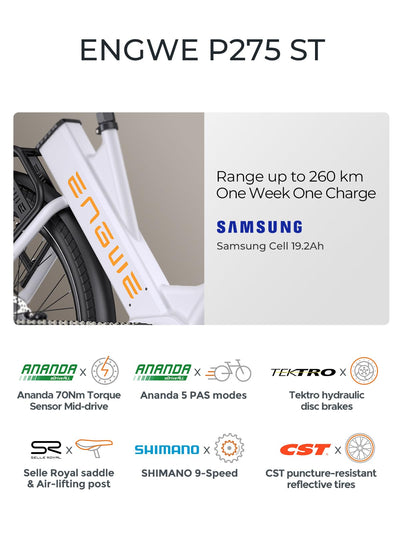 ENGWE E Bike Mountainbike, Ebike 260km Reichweite durch 36V 19.2Ah Akku, E-Bike 250W Mittelmotor Max 25km/h, Elektrofahrräder 27.5 * 2.4 Zoll Reifen, Pendler Elektrofahrrad für Erwachsene P275