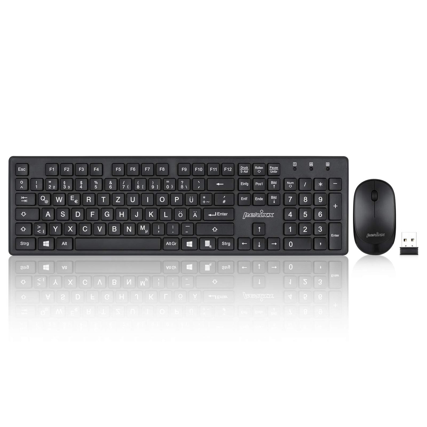 Perixx PERIDUO Kabellose Standard Tastatur und Maus Desktop-Set mit großen Druckbuchstaben, Schwarz, DE QWERTZ Layout 11717