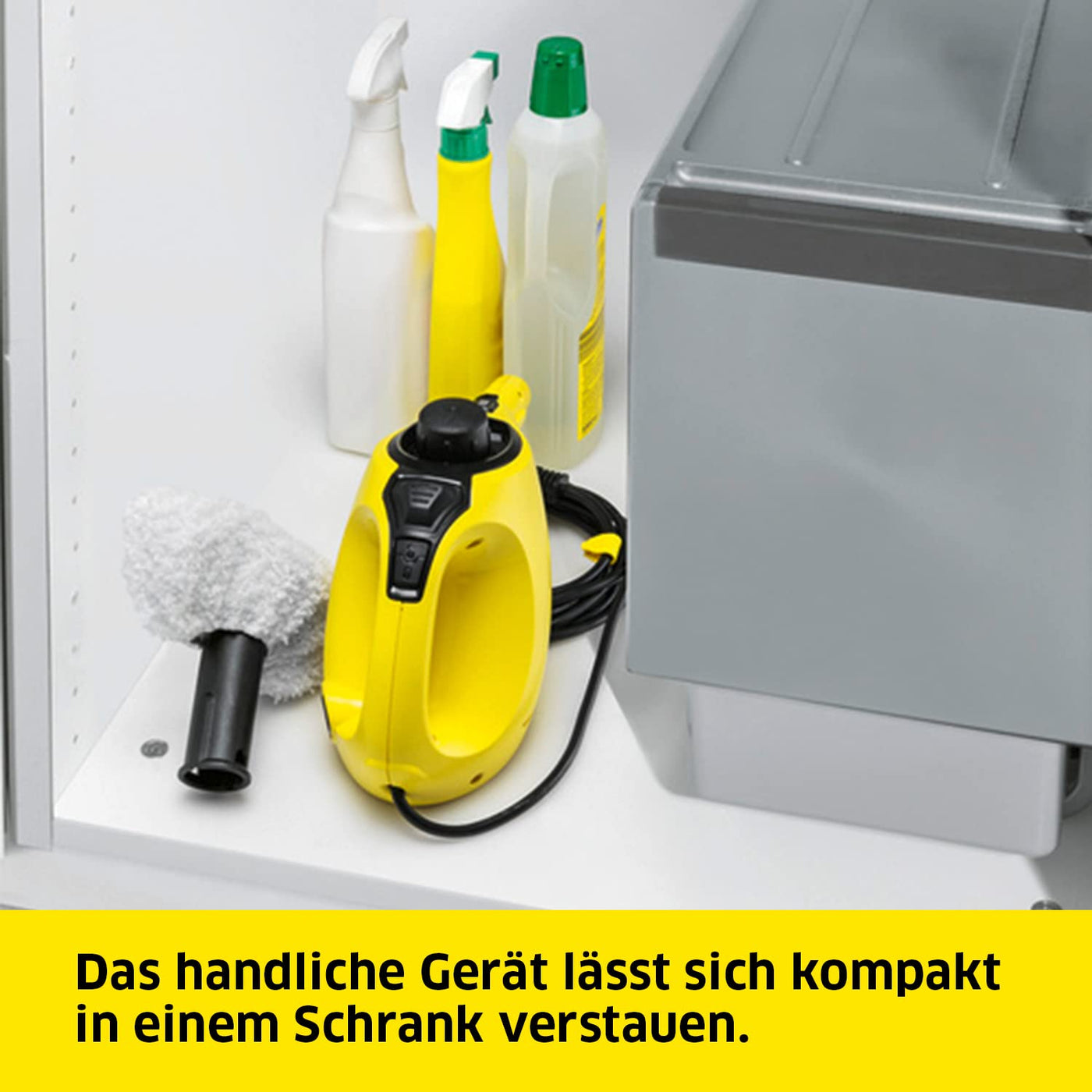 Kärcher Dampfreiniger SC 1, Dampfdruck: 3 bar, Aufheizzeit: 3 min., Leistung: 1.200 W, Flächenleistung: 20 m², Tank: 200 ml, mit Hand-, Punktstrahl- und Powerdüse, Mikrofaser-Überzug und Rundbürste