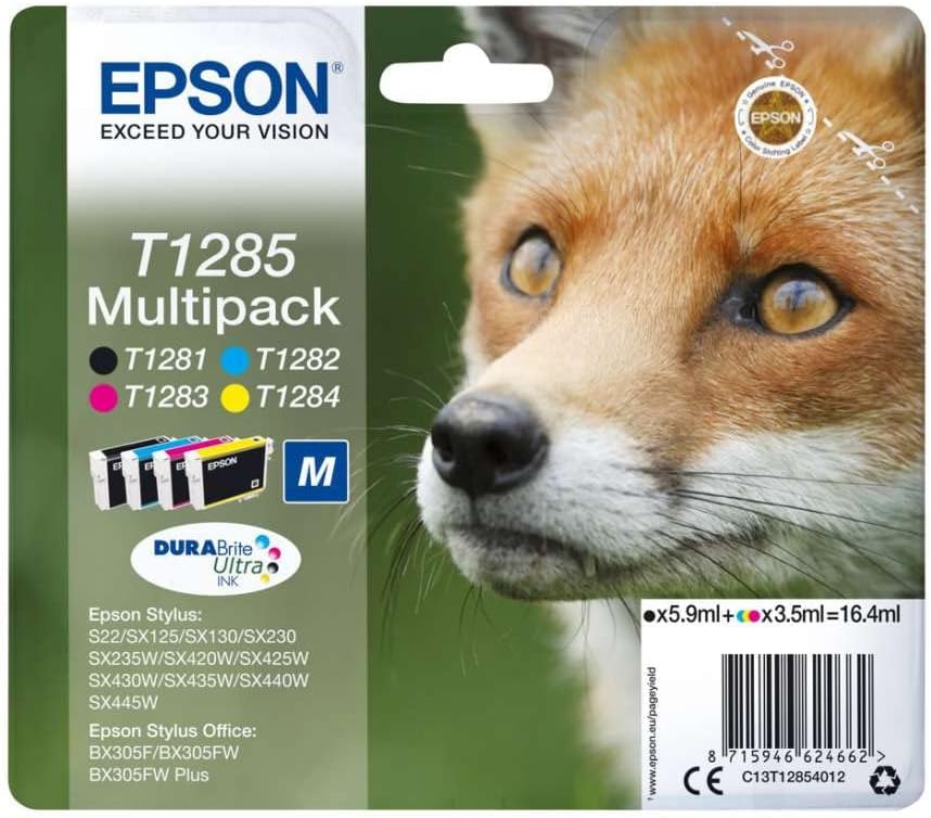 Epson Original Durabrite Ultra, Multipack T1285 Tintenpatrone. Sortierte Farben (Schwarz, Gelb, Magenta, Cyan)