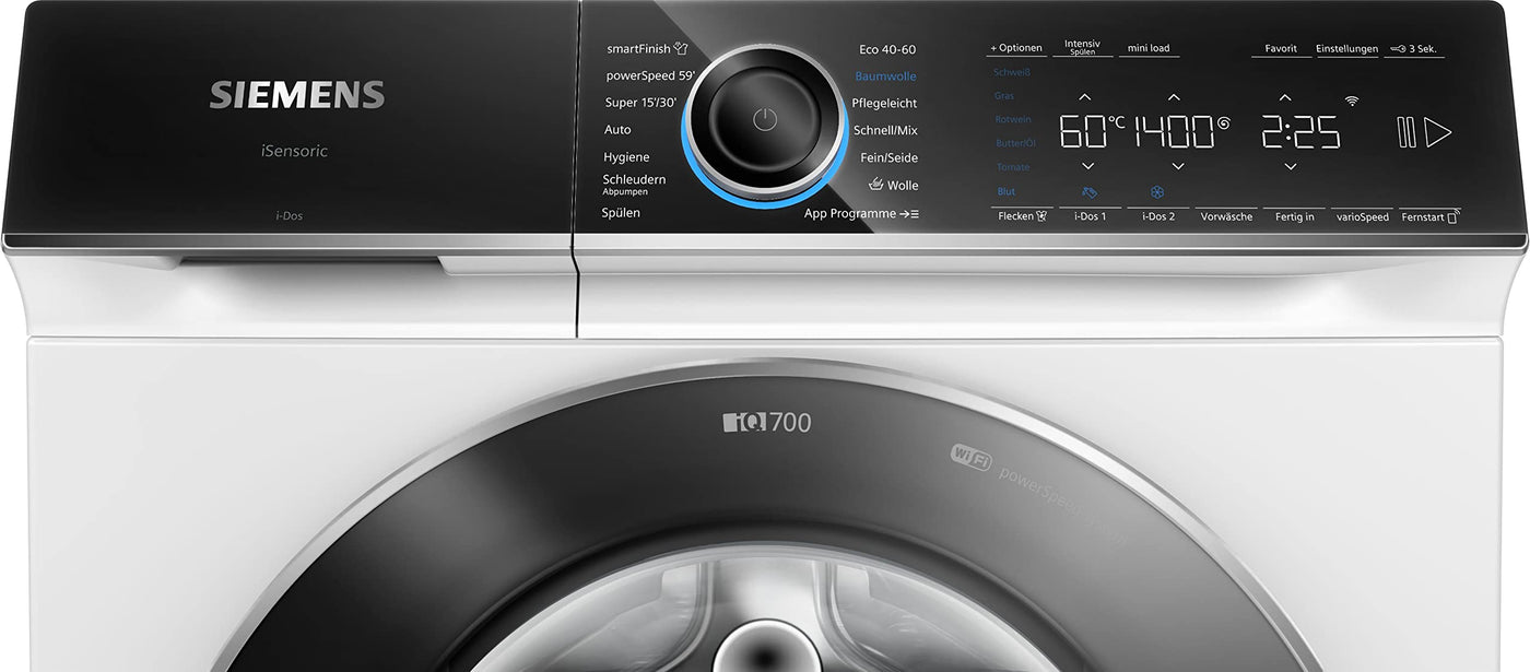 Siemens WG44B2A40 iQ700 Smarte Waschmaschine 9 kg, 1400 UpM, iDos - Intelligente Waschmittel-Dosierung, speedPack XL Beschleunigen Sie Ihre Programme, iQdive-Motor - 10 Jahre Garantie