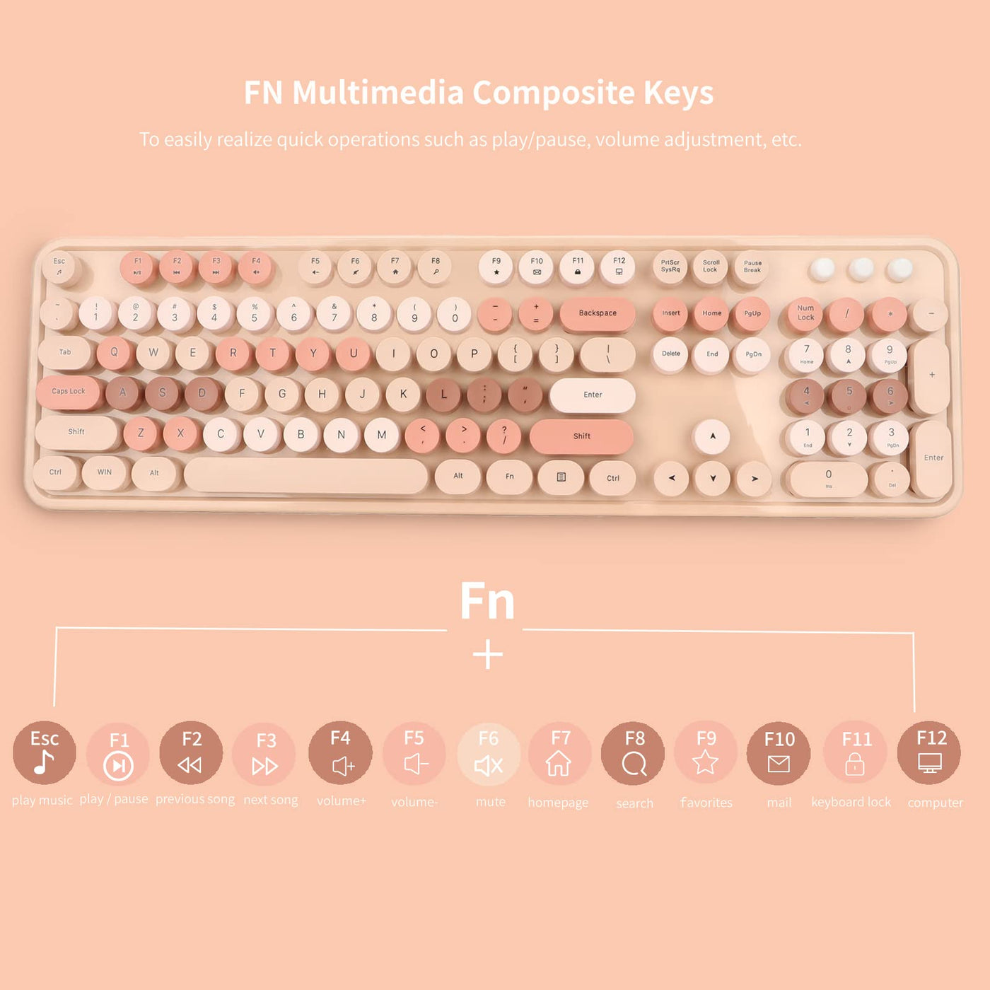 Tastatur Maus Set Kabellos, 2.4GHz tastatur kabellos mit abnehmbaren runden Tastenkappen, Niedliche 104 Tasten Milchtee Tastatur und Maus für Office Home Gaming