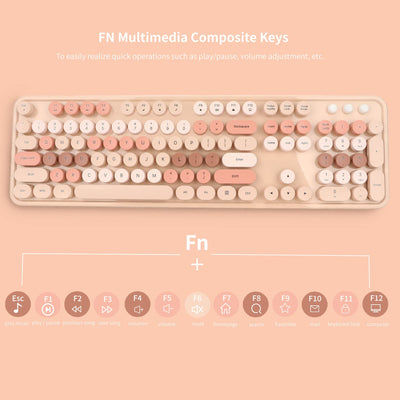 Tastatur Maus Set Kabellos, 2.4GHz tastatur kabellos mit abnehmbaren runden Tastenkappen, Niedliche 104 Tasten Milchtee Tastatur und Maus für Office Home Gaming