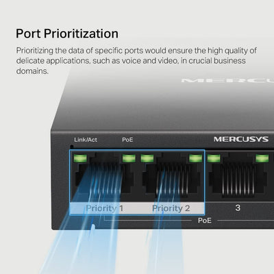 Mercusys MS105GP PoE Switch 5-Port Gigabit LAN Switch mit 4 PoE+ Ports (65 Watt, IEEE-802.3af/at PoE, lüfterlos, Plug-and-Play, Robustes Metallgehäuse)