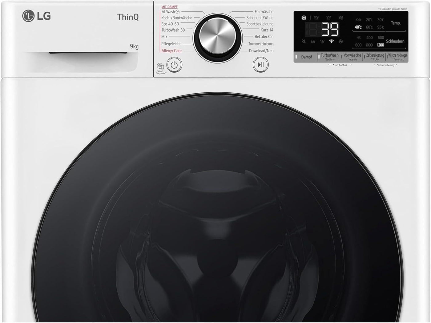 LG F2V7SLIM9, Klasse A, Waschmaschine Slim 9 kg, 60x47.5x85 cm, Wi-Fi, AI Direct Drive, Tiefenreinigung mit Dampf, TurboWash 360°, Außentür aus Gehärtetem Glas, Weiß mit Schwarzem Bullaugenring