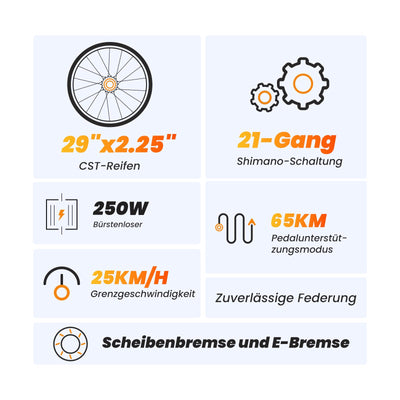 Touroll U1 E-Bikes, 26/29 Zoll E Bike Herren Damen mit Abnehmbarer 36V 13Ah Akku, 250W Motor MTB, E-Mountainbike mit 21 Gang, Elektrofahrrad Reichweite über 65KM, CST Off-Road-Reifen