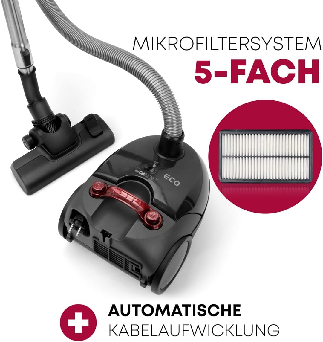 Clatronic® Staubsauger mit Beutel | Bodenstaubsauger mit energiesparenden 700 Watt | Staubsauger mit 5-Fach Mikrofiltersystem | Umschaltbare Bodenbürste und Bürsten-/Fugendüse | BS 1300 N anthrazit
