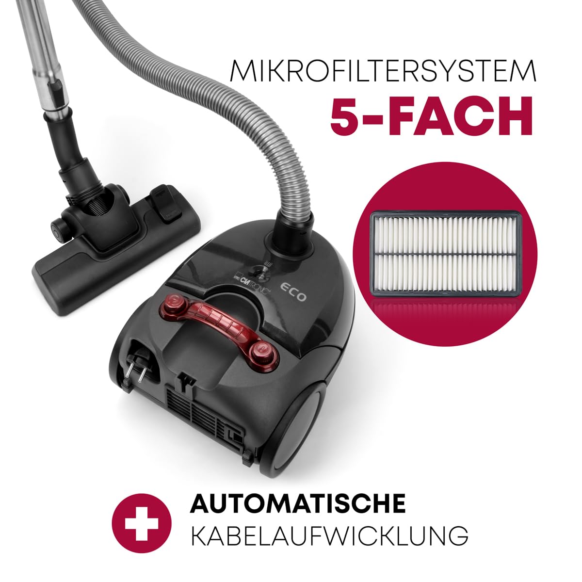 Clatronic® Staubsauger mit Beutel | Bodenstaubsauger mit energiesparenden 700 Watt | Staubsauger mit 5-Fach Mikrofiltersystem | Umschaltbare Bodenbürste und Bürsten-/Fugendüse | BS 1300 N anthrazit