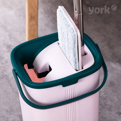 York Flachmopp Handy | Wischmopp Set mit Eimer Zweikammer | Innovativ Automatisches Auspresssystem | Eimer Kapazität 6 Liter Moppabmessungen 31x12cm Klappbarer Griff Länge 120cm | Rosa-Grün…