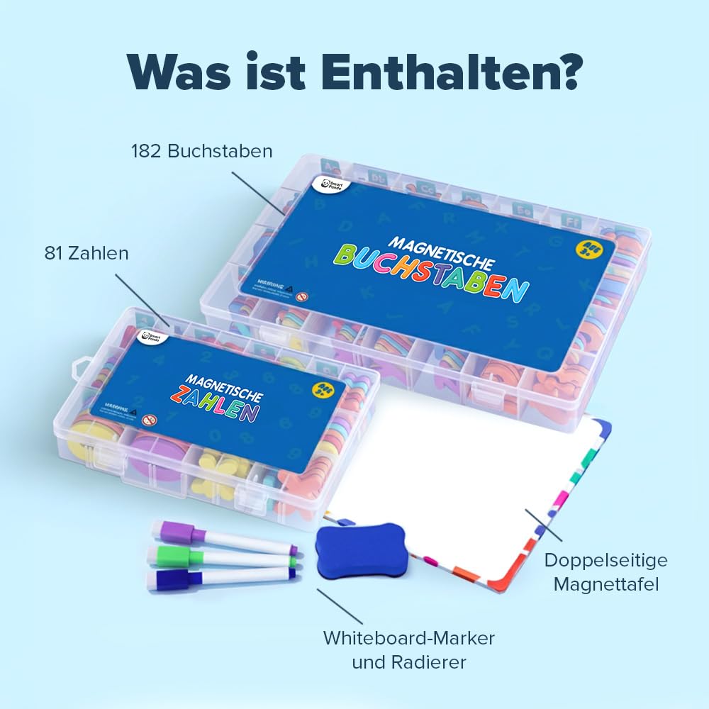 Magnetische Buchstaben und Zahlen für Kinder – Das komplette Set: 182 Buchstaben und 81 Zahlen sowie Symbole – Kühlschrankmagneten – Beinhaltet 2 Boxen, Magnettafel, Stifte und Löschschwamm