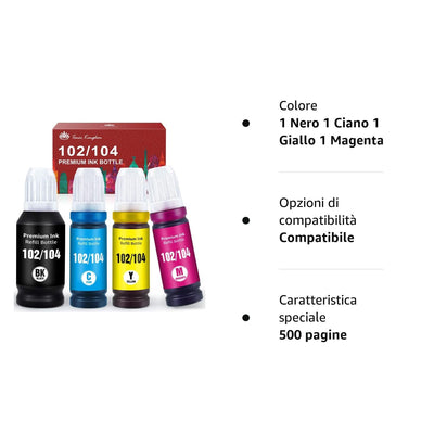 Toner Kingdom 102 Tinte Multipack 104 Tinte Kompatibel für Epson 104 Ecotank 4-Colour Multipack für Epson ET-2720 ET-2710 ET-2715 ET-2820 für Epson 102 EcoTank ET-2750 ET-2850 ET-4750 ET-2856 ET-4850