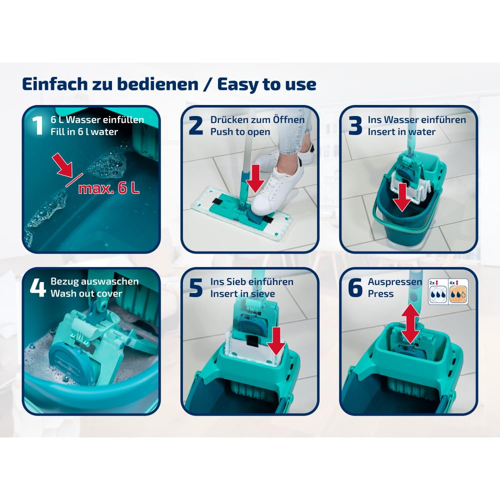 Leifheit Set POWER CLEAN, Wischer für Alle, rückenschonender Bodenwischer mit Reinigungsklingen, Wischtuchpresse zum Auswringen, Wischmopp Set mit Eimer,Wischmopp für alle Hartböden mit Click-System