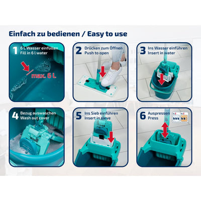 Leifheit Set POWER CLEAN, Wischer für Alle, rückenschonender Bodenwischer mit Reinigungsklingen, Wischtuchpresse zum Auswringen, Wischmopp Set mit Eimer,Wischmopp für alle Hartböden mit Click-System