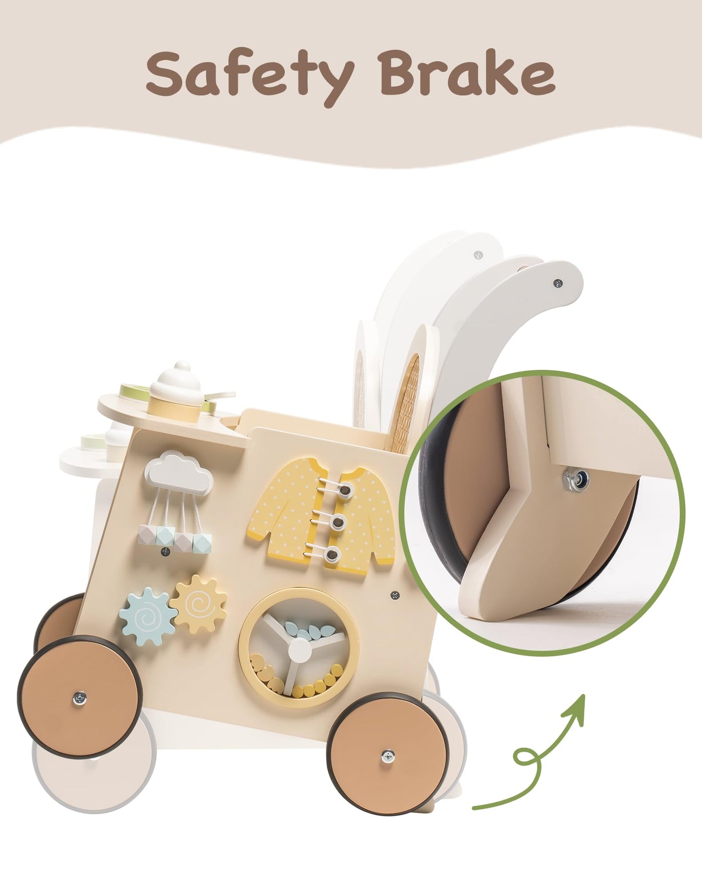 ROBUD Holz lauflernhilfe Baby Walker, 2-In-1 Puppe Lauflernwagen mit Montessori Busy Activity Board für Motorik, Sicherheitsbremse Spielzeug Laufwagen, Geschenk für Kleinekinder ab 10 Monate+