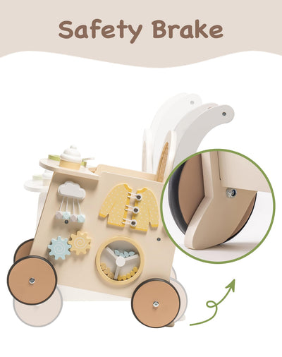 ROBUD Holz lauflernhilfe Baby Walker, 2-In-1 Puppe Lauflernwagen mit Montessori Busy Activity Board für Motorik, Sicherheitsbremse Spielzeug Laufwagen, Geschenk für Kleinekinder ab 10 Monate+