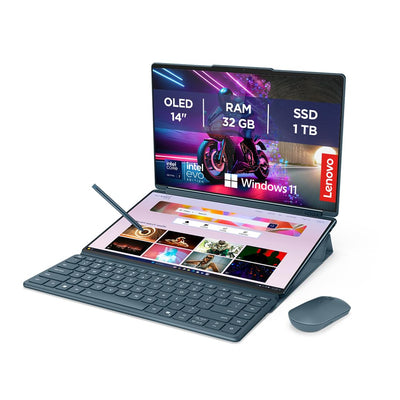 Lenovo Yoga Book 9i AI Laptop | 2x14'' 2.8K WQXGA OLED-Toch Display | Intel Core Ultra 7 | 32GB RAM | 1TB SSD | Intel Arc 140T Grafik | Windows 11 Home | QWERTZ | Tidal Teal | 3 Jahre Premium Care
