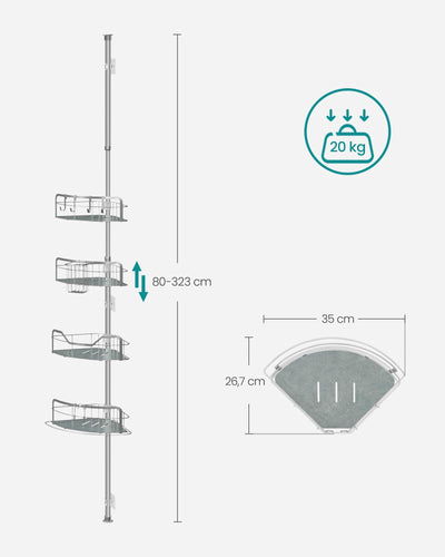 SONGMICS Duschregal, Badregal, Duschablage ohne Bohren, Gesamthöhe 80-323 cm, mit 4 Ebenen, Regal höhenverstellbar, für Badezimmer, Taubengrau BCB003E01