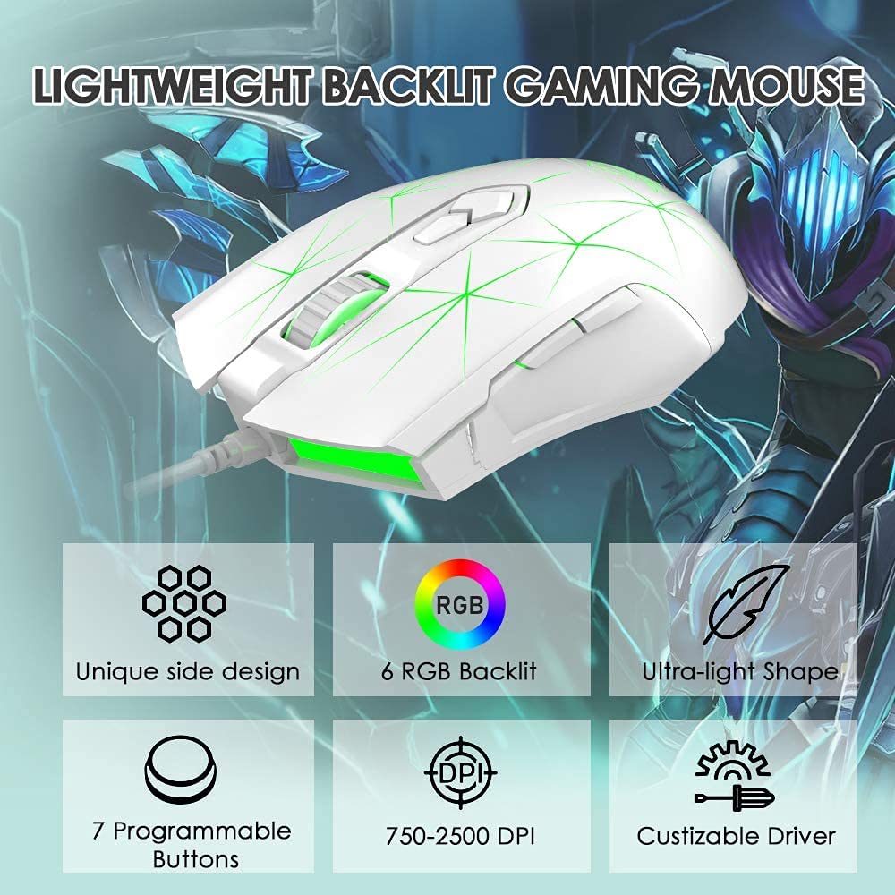 Kabelgebundene RGB Gaming Maus, 7 Tasten mit 2500 DPI, ergonomische LED-beleuchtete USB-Gamer-Mäuse Computer Laptop-PC, für Windows Mac OS Linux - Star Weiß