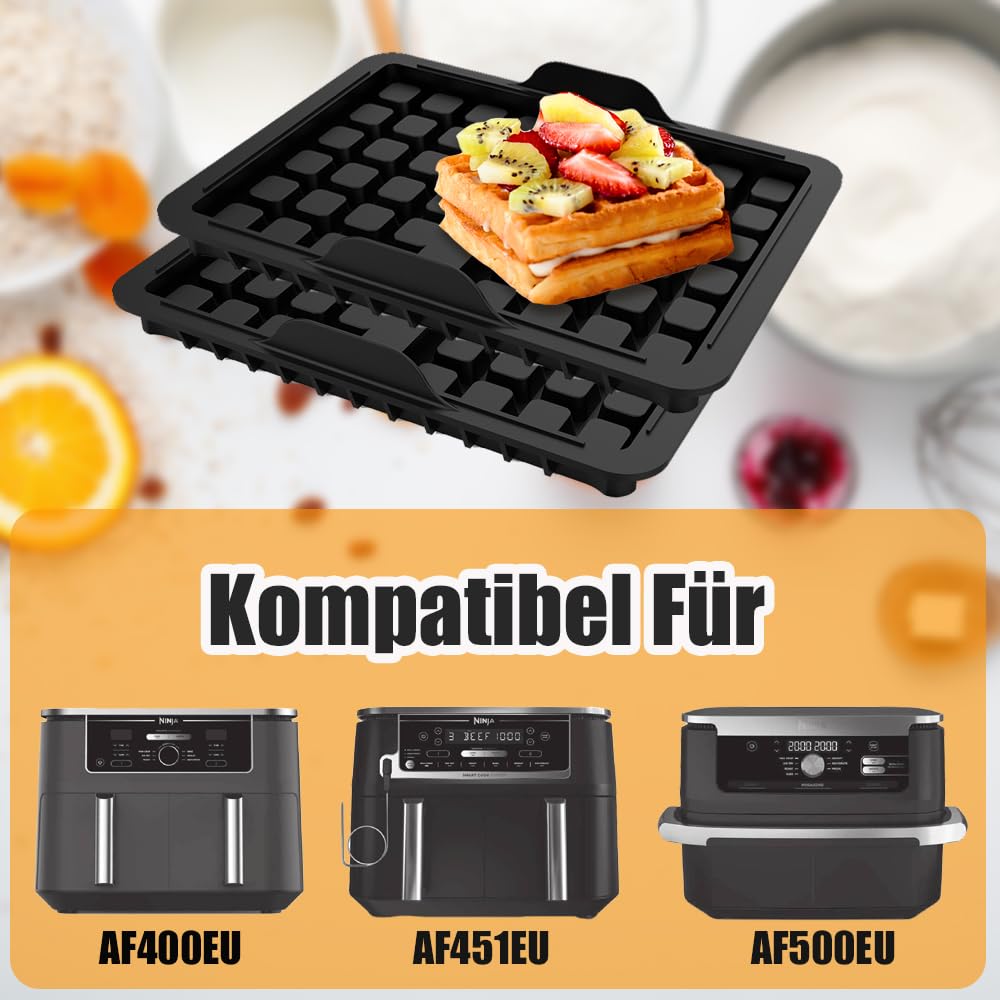 ROMANVIC Ninja Heißluftfritteuse Zubehör,2 Stück Ninja Airfryer Zubehör mit Ninja AF400EU, AF451EU, SL400EU, und AF500DE, Doppelt Backschaleneinsatz aus Silikon, Belgische Waffeleisen Silikon Zubehör