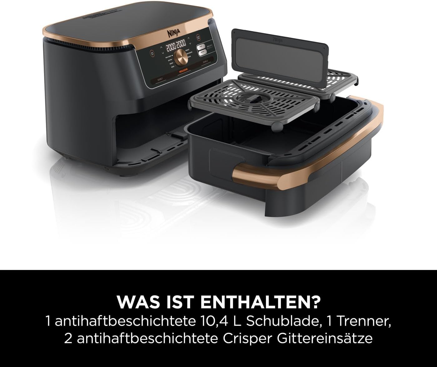 Ninja Foodi FlexDrawer Dual Zone Heißluftfritteuse, Digitale Air fryer mit 10,4-Fach und herausnehmbarem Trenner, Antihaftbeschichtung, spülmaschinenfester Korb, 7-in-1, Schwarz & Kupfer, AF500EUCP