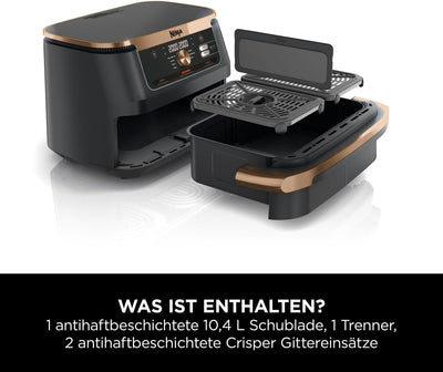 Ninja Foodi FlexDrawer Dual Zone Heißluftfritteuse, Digitale Air fryer mit 10,4-Fach und herausnehmbarem Trenner, Antihaftbeschichtung, spülmaschinenfester Korb, 7-in-1, Schwarz & Kupfer, AF500EUCP