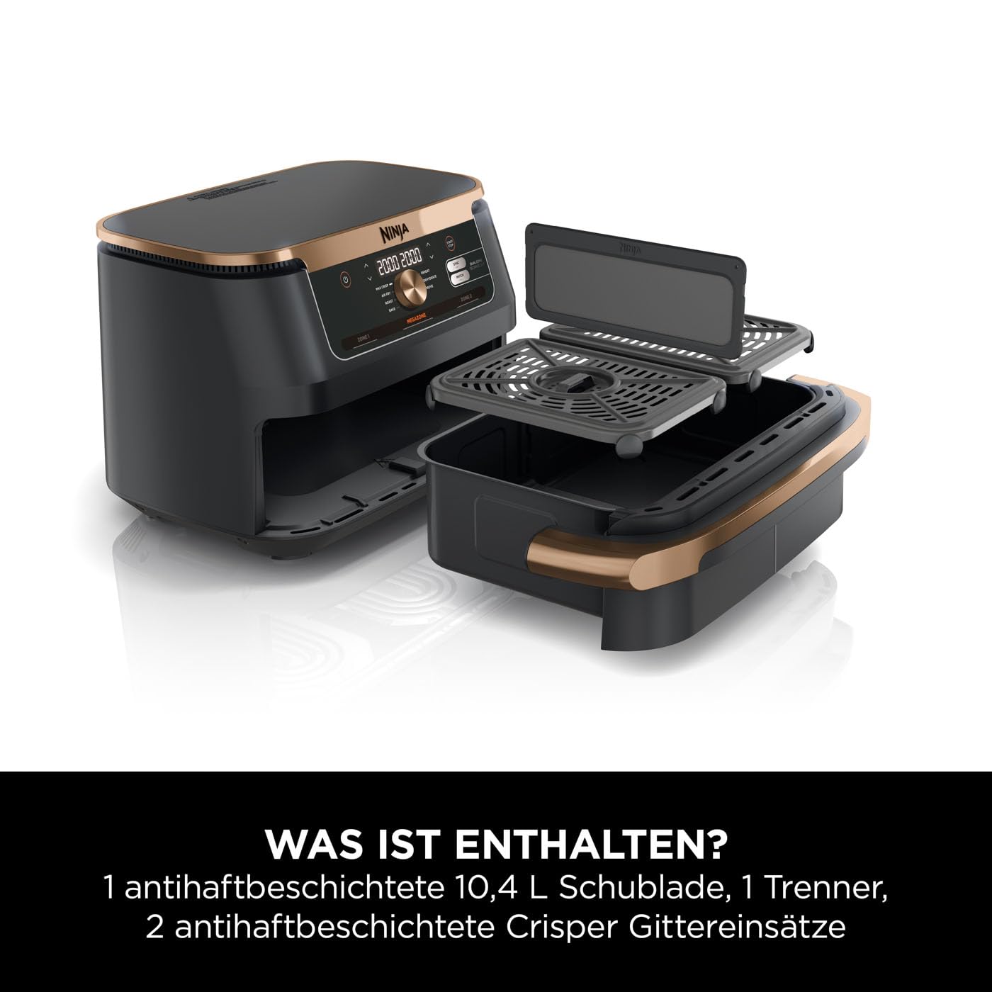 Ninja Foodi FlexDrawer Dual Zone Heißluftfritteuse, Digitale Air fryer mit 10,4-Fach und herausnehmbarem Trenner, Antihaftbeschichtung, spülmaschinenfester Korb, 7-in-1, Schwarz & Kupfer, AF500EUCP