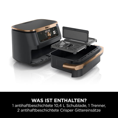 Ninja Foodi FlexDrawer Dual Zone Heißluftfritteuse, Digitale Air fryer mit 10,4-Fach und herausnehmbarem Trenner, Antihaftbeschichtung, spülmaschinenfester Korb, 7-in-1, Schwarz & Kupfer, AF500EUCP