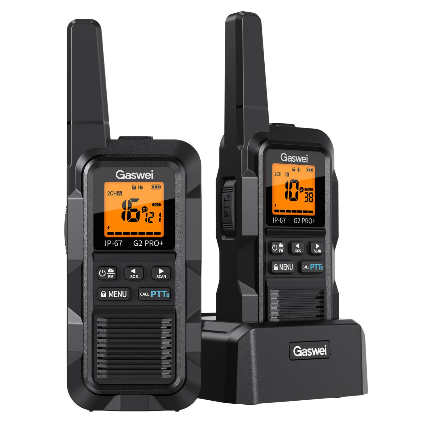Gaswei G2Pro Professionelle Walkie-Talkies für Erwachsene [IP67 wasserdicht & schwimmfähig] Langstrecken-Funkgerät mit Doppel-PTT, SOS-Alarm,FM-Radio + Akku für Outdoor, (2er-Set in Schwarz)