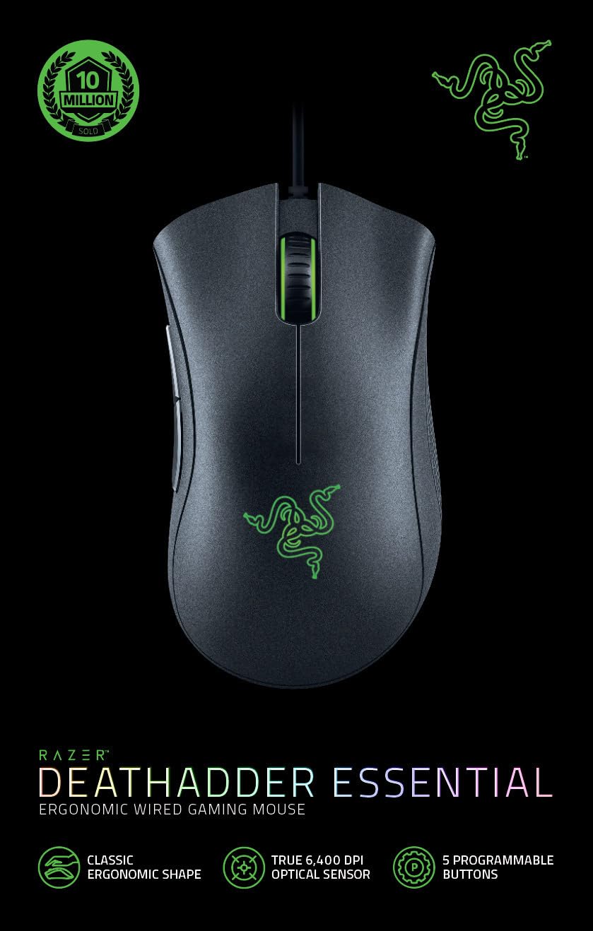 Razer DeathAdder Essential (2021) - Kabelgebundene Gaming-Maus mit Optischem Sensor mit 6400 DPI (5 programmierbare Tasten, Ergonomischer Formfaktor, 10 Millionen Klicks Lebensdauer) Schwarz