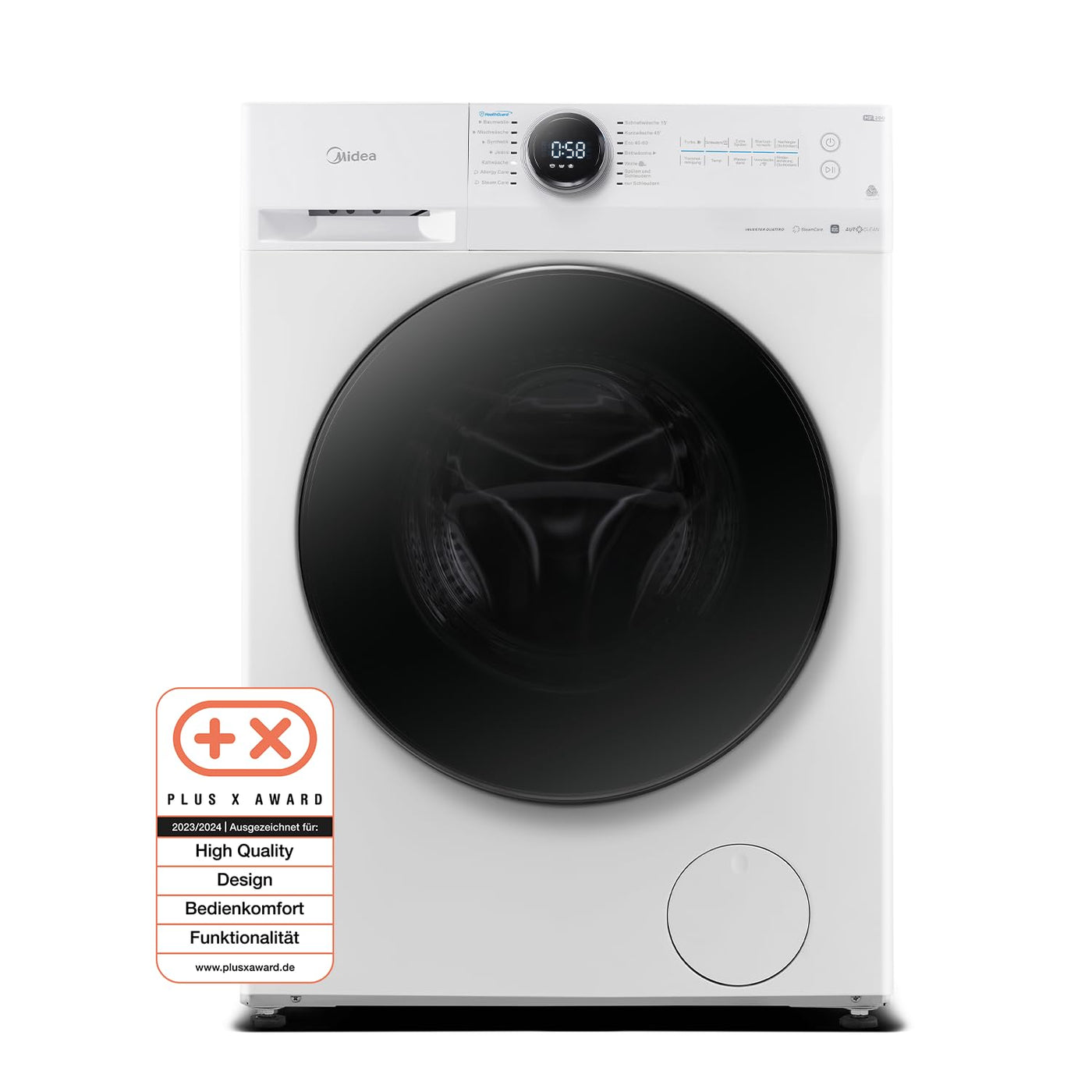 Midea MF200W90WB-14A Waschmaschine / 9KG / A/Leiser & effizienter Inverter Motor/HealthGuard-System/Steam Care/Nachlegefunktion/APP-Steuerung/AquaStop, Weiß