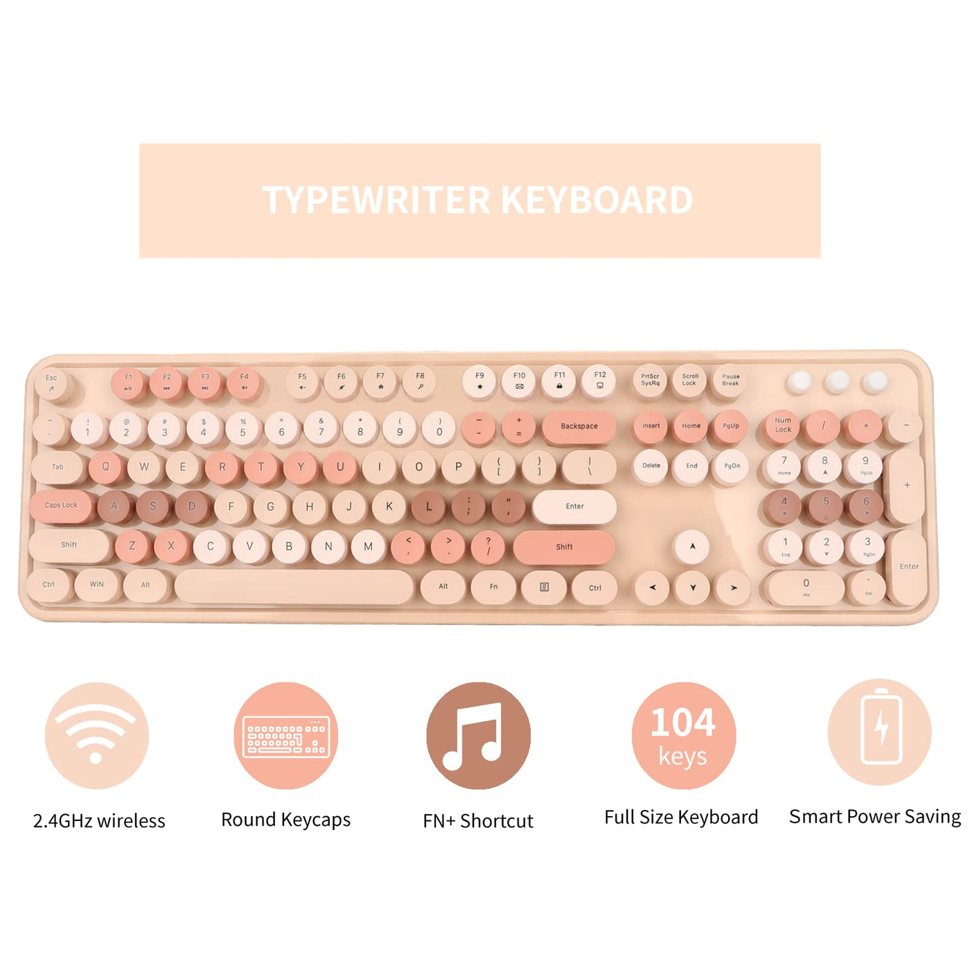 Tastatur Maus Set Kabellos, 2.4GHz tastatur kabellos mit abnehmbaren runden Tastenkappen, Niedliche 104 Tasten Milchtee Tastatur und Maus für Office Home Gaming